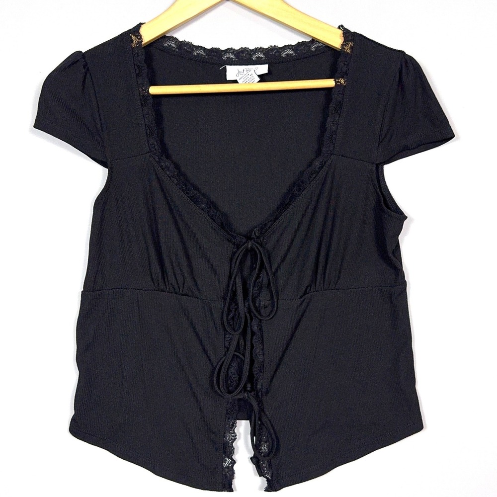 Just Polly Ribbed Lace Trim Crop Top Blouse Womens Large Tie Front Coquette